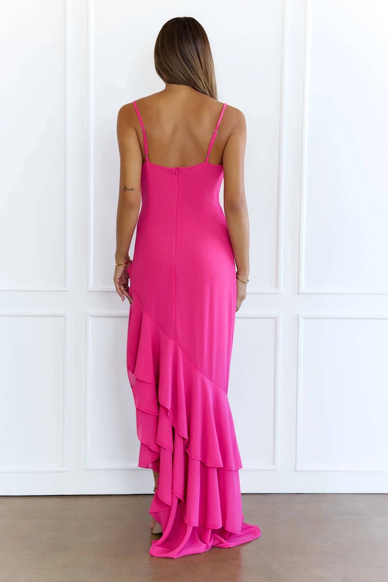 Modern Sheath Cowl Neck Ruffled Asymmetrical Hot Pink Floor-Length Prom Dress