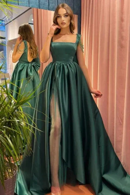 Modest A-Line Square Neck Sleeveless Backless Sweep/Brush Train Prom Dress