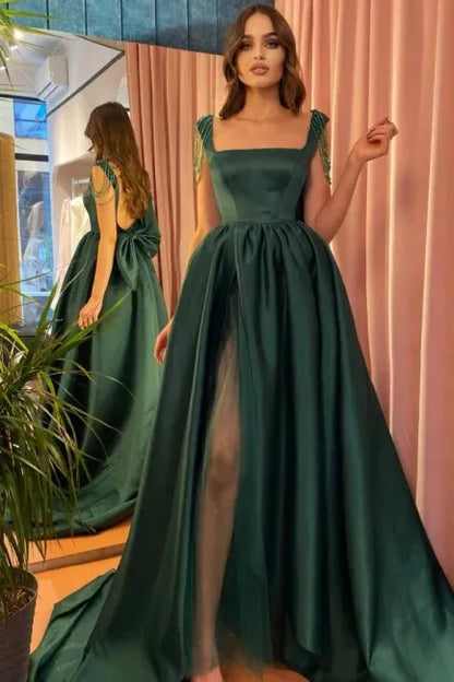 Modest A-Line Square Neck Sleeveless Backless Sweep/Brush Train Prom Dress