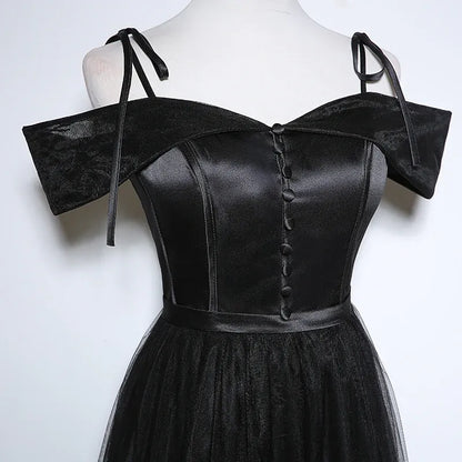 Mysterious Tulle-Satin Long Evening Dress Black Off-Shoulder Party Gown for Women