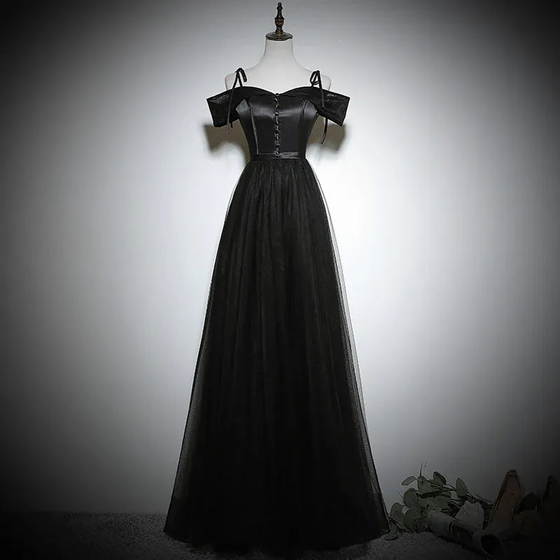 Mysterious Tulle-Satin Long Evening Dress Black Off-Shoulder Party Gown for Women