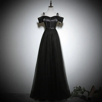 Mysterious Tulle-Satin Long Evening Dress Black Off-Shoulder Party Gown for Women