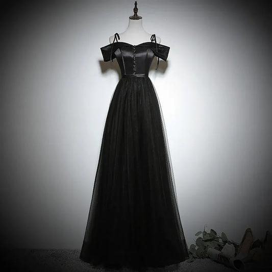 Mysterious Tulle-Satin Long Evening Dress Black Off-Shoulder Party Gown for Women