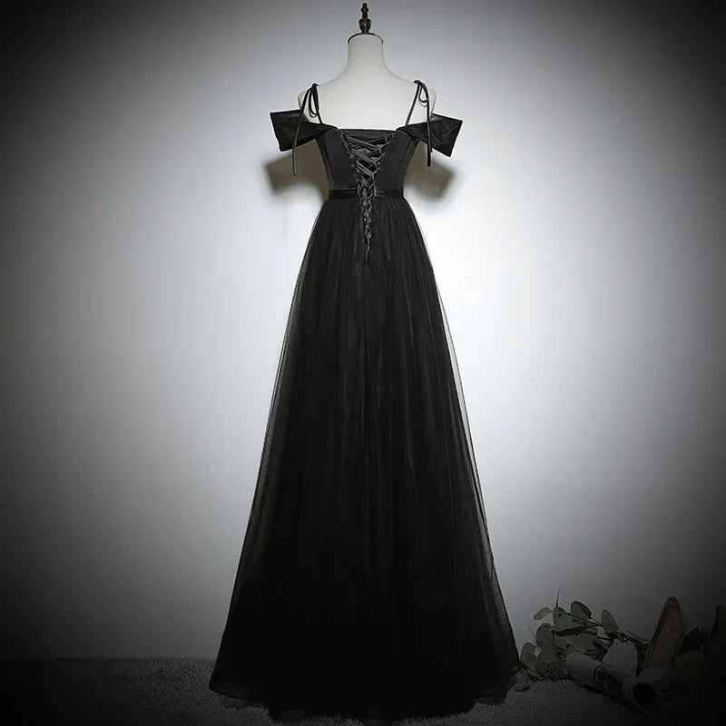 Mysterious Tulle-Satin Long Evening Dress Black Off-Shoulder Party Gown for Women