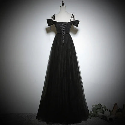Mysterious Tulle-Satin Long Evening Dress Black Off-Shoulder Party Gown for Women