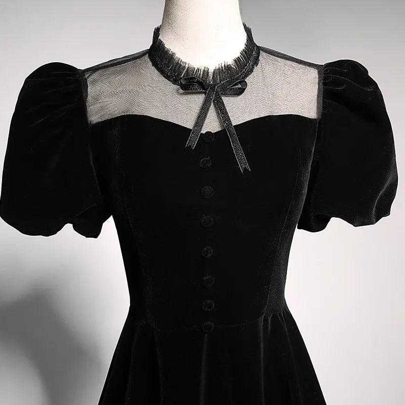 Mysterious Velvet Long Evening Dress Black High-Neck Puff-Sleeve Party Gown for Women
