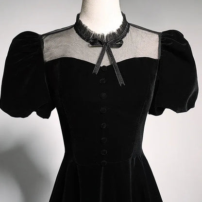 Mysterious Velvet Long Evening Dress Black High-Neck Puff-Sleeve Party Gown for Women