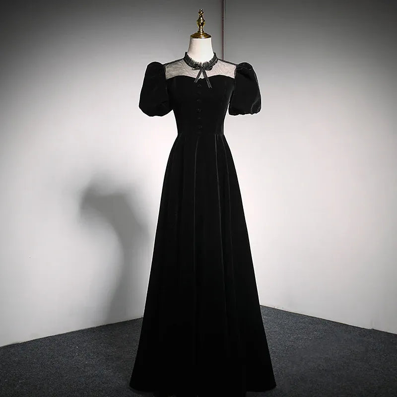 Mysterious Velvet Long Evening Dress Black High-Neck Puff-Sleeve Party Gown for Women