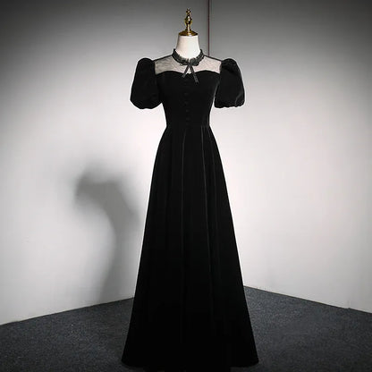 Mysterious Velvet Long Evening Dress Black High-Neck Puff-Sleeve Party Gown for Women