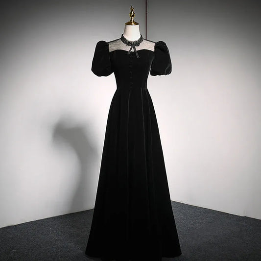Mysterious Velvet Long Evening Dress Black High-Neck Puff-Sleeve Party Gown for Women