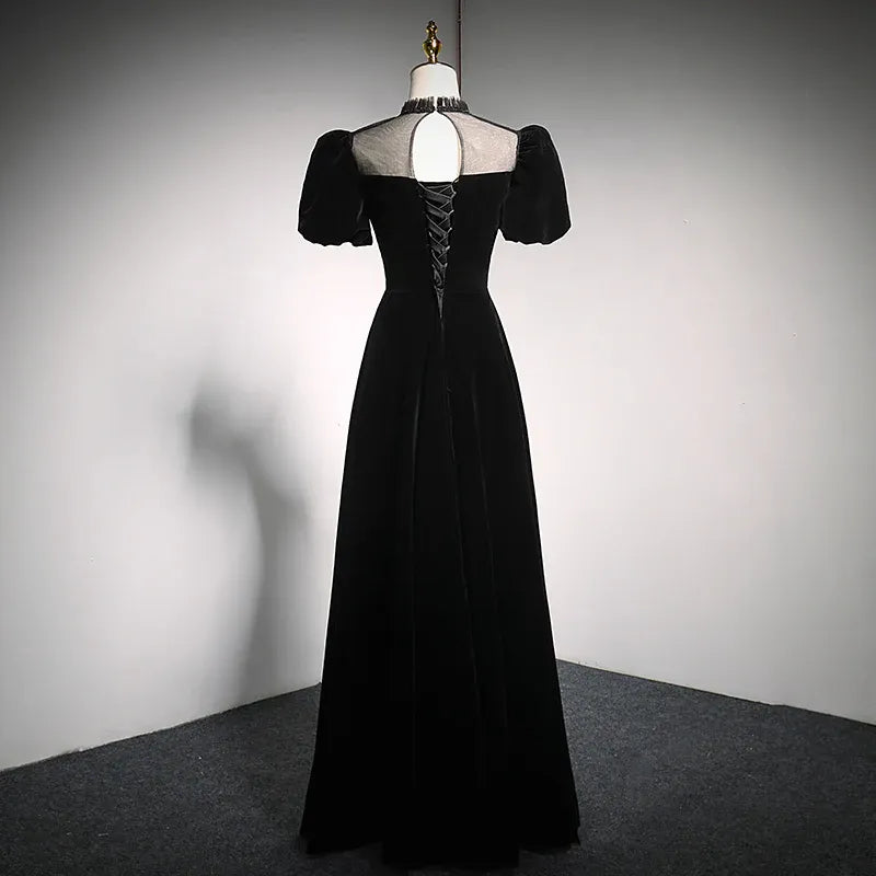 Mysterious Velvet Long Evening Dress Black High-Neck Puff-Sleeve Party Gown for Women