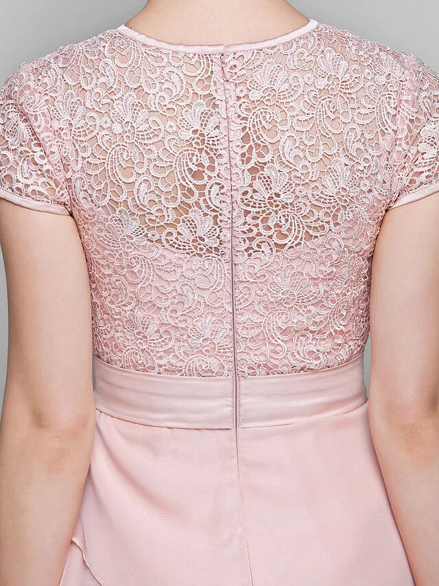 Mother of the Bride Dress Jewel Neck Floor Length Chiffon Lace Short Sleeve with Lace Ruffles