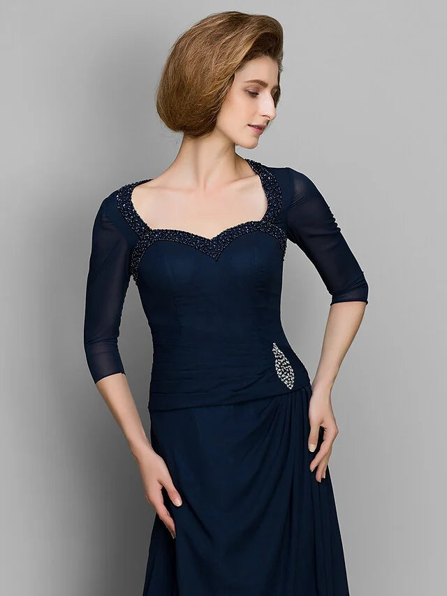 A-Line Mother of the Bride Dress Elegant Sweetheart Neckline Chiffon Length Sleeve with Ruched Beading