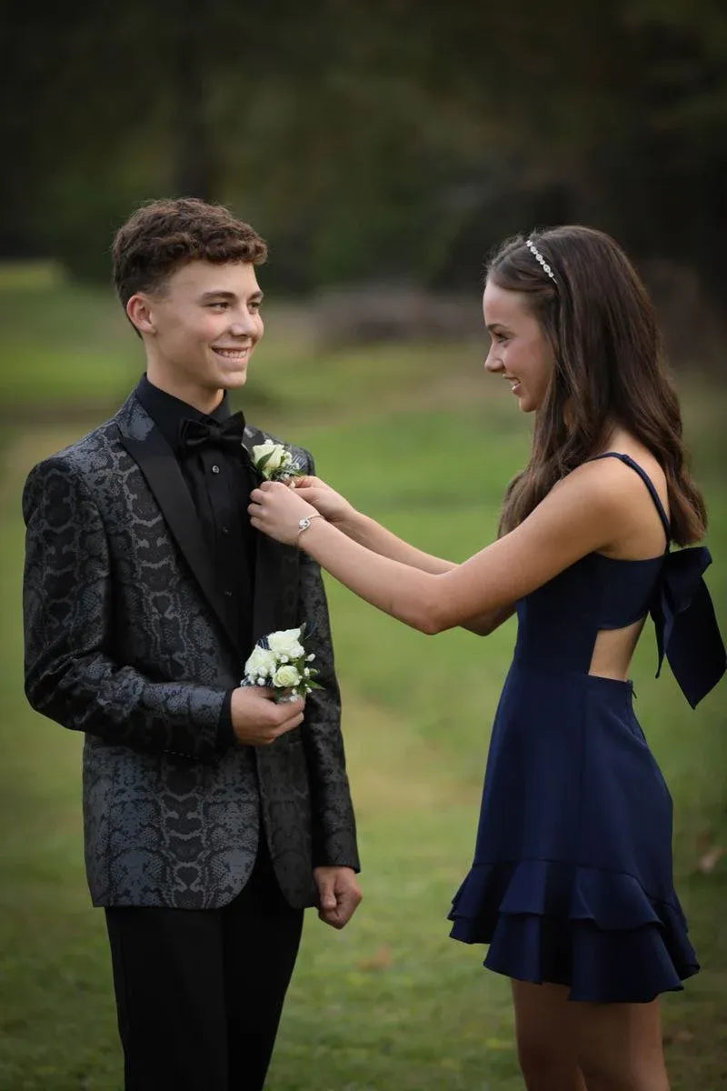 Navy Blue Strapless Cutout Ruffle Hem Short Homecoming Dress