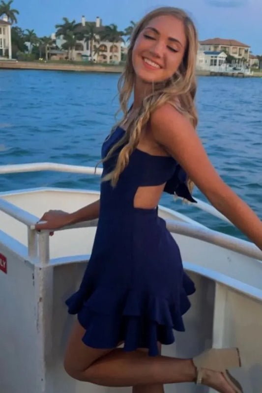 Navy Blue Strapless Cutout Ruffle Hem Short Homecoming Dress