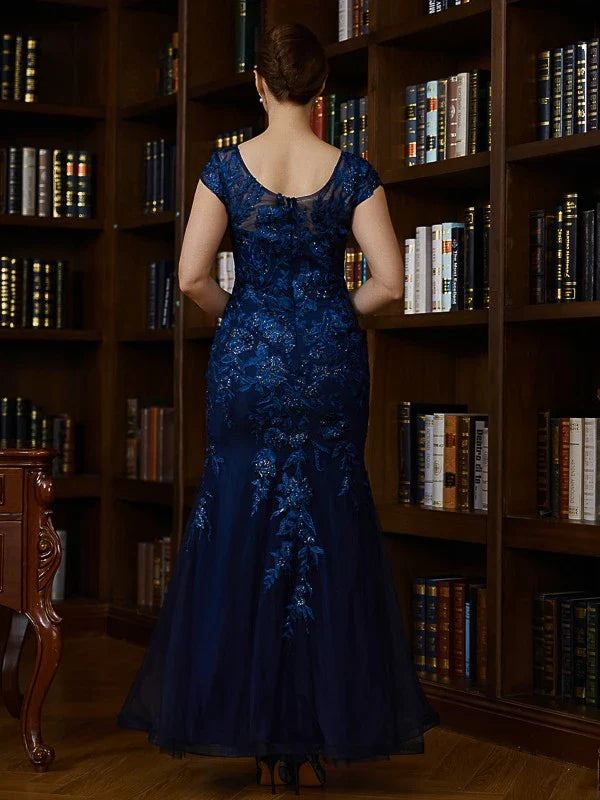 Elegant V-Neck Cap Sleeve Sequin Floral Embroidery Mermaid Maxi Mother Of The Bride Dresses