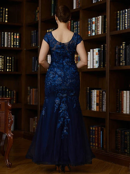Elegant V-Neck Cap Sleeve Sequin Floral Embroidery Mermaid Maxi Mother Of The Bride Dresses