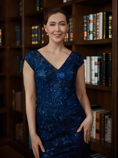 Elegant V-Neck Cap Sleeve Sequin Floral Embroidery Mermaid Maxi Mother Of The Bride Dresses