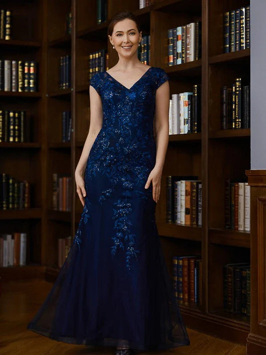 Elegant V-Neck Cap Sleeve Sequin Floral Embroidery Mermaid Maxi Mother Of The Bride Dresses