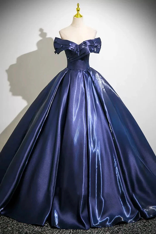 Navy Satin Long Prom Dress A-Line Off the Shoulder Party Dress