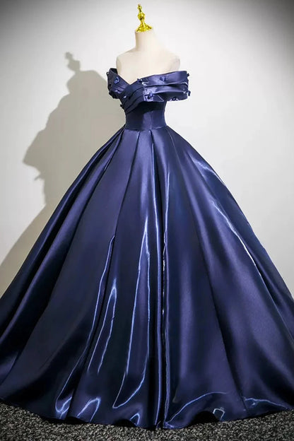 Navy Satin Long Prom Dress A-Line Off the Shoulder Party Dress