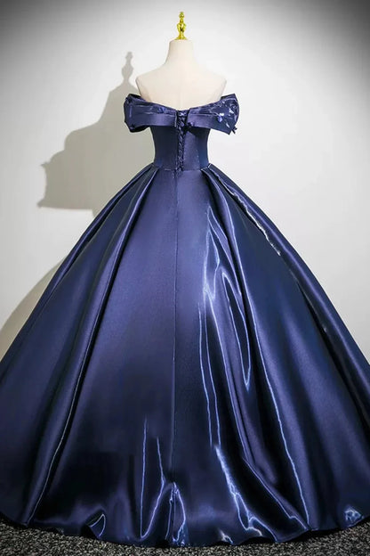 Navy Satin Long Prom Dress A-Line Off the Shoulder Party Dress