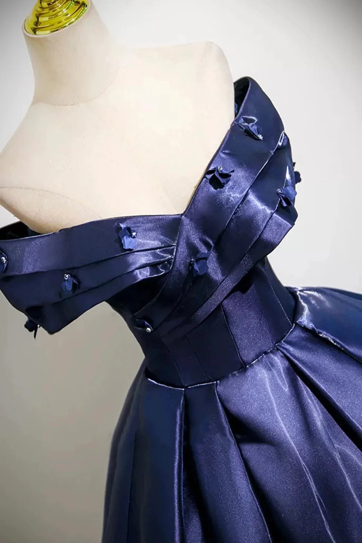 Navy Satin Long Prom Dress A-Line Off the Shoulder Party Dress