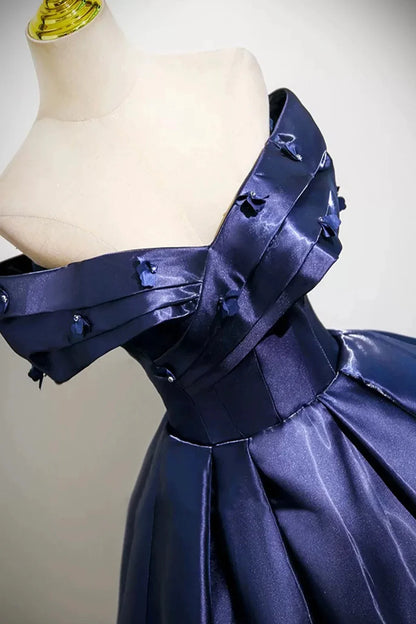 Navy Satin Long Prom Dress A-Line Off the Shoulder Party Dress