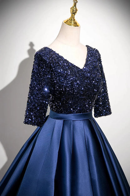 Navy Satin Sequins Long Prom Dress Elegant V-Neck Evening Party Dress