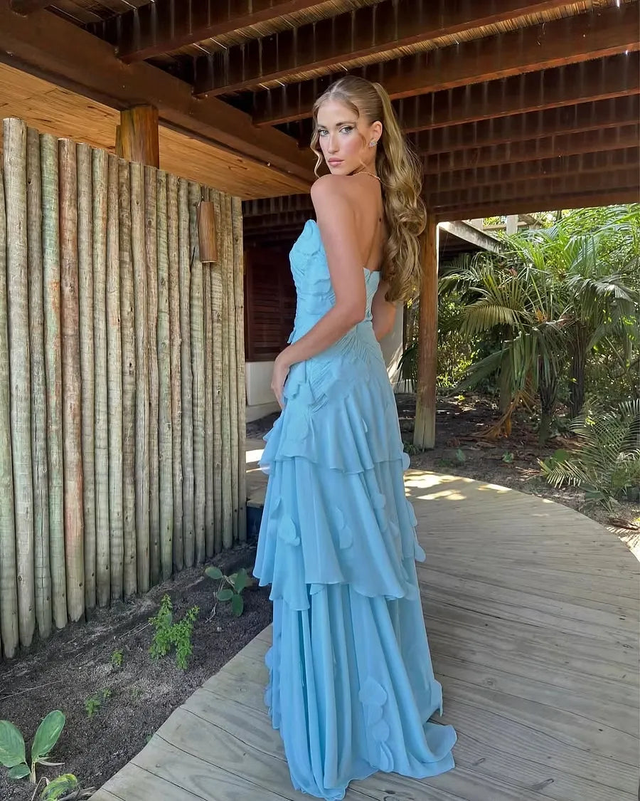 New A-line Strapless Tiered Ruched Applique Sky Blue Floor-Length Prom Dress