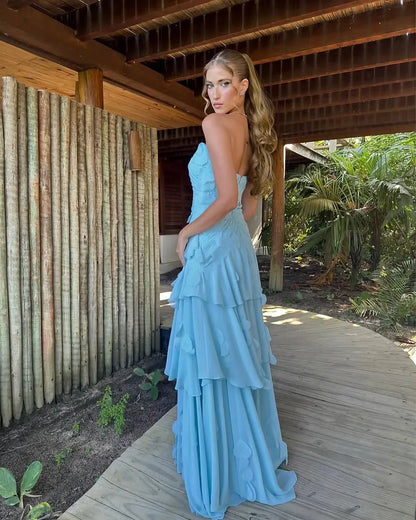 New A-line Strapless Tiered Ruched Applique Sky Blue Floor-Length Prom Dress