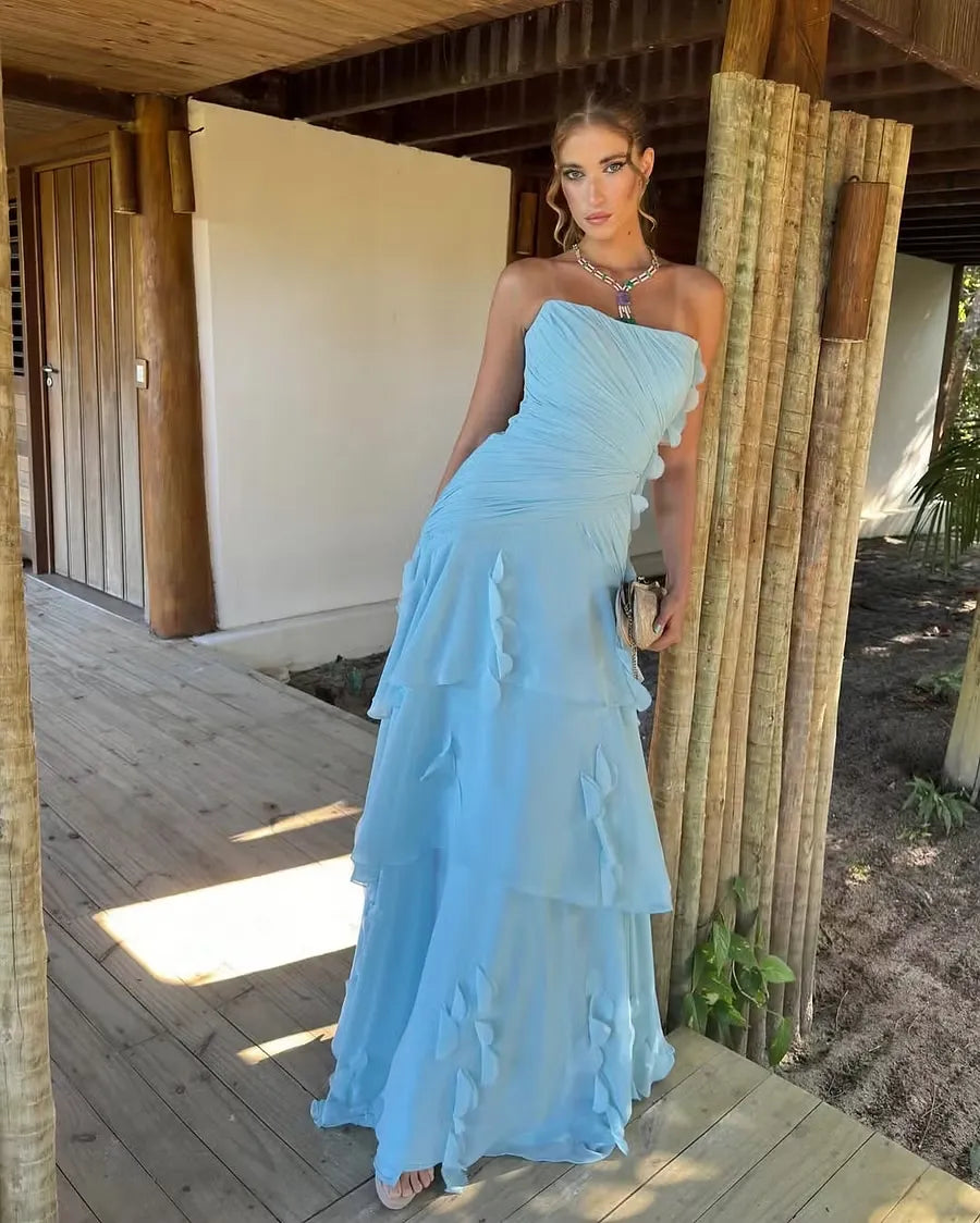 New A-line Strapless Tiered Ruched Applique Sky Blue Floor-Length Prom Dress