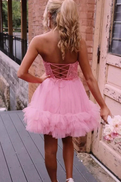 New A Line Lace Pink Homecoming Dresses with Ruffles Sweetheart