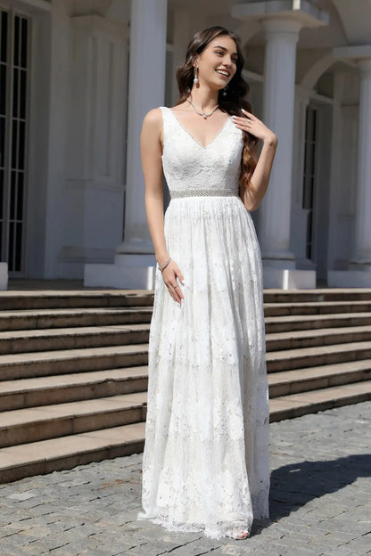 New Arrival Ivory Lace Sleeveless A Line Floor Length Bridal Gown