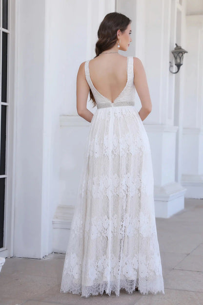 New Arrival Ivory Lace Sleeveless A Line Floor Length Bridal Gown