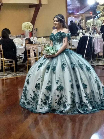 New Off Shoulder Emerald Green Quinceanera Dress 3D Flowers
