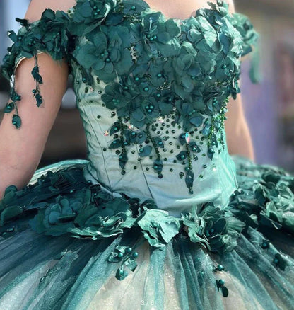 New Off Shoulder Emerald Green Quinceanera Dress 3D Flowers