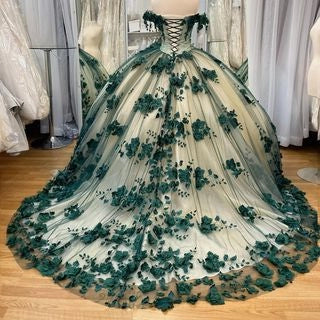 New Off Shoulder Emerald Green Quinceanera Dress 3D Flowers
