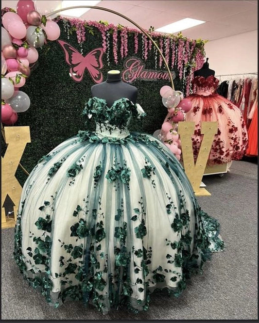 New Off Shoulder Emerald Green Quinceanera Dress 3D Flowers