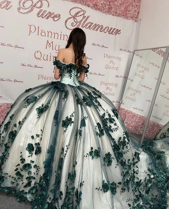 New Off Shoulder Emerald Green Quinceanera Dress 3D Flowers