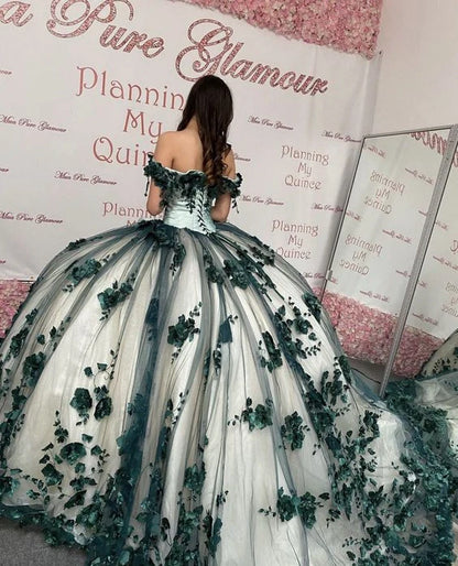 New Off Shoulder Emerald Green Quinceanera Dress 3D Flowers