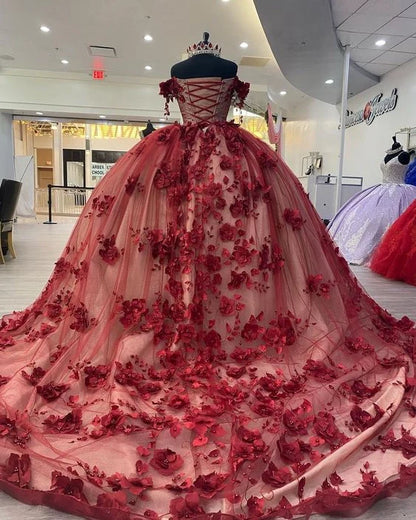 New Off Shoulder Emerald Green Quinceanera Dress 3D Flowers