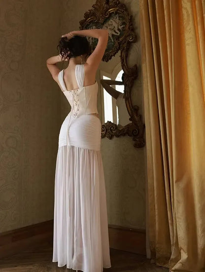 New Stylish Two-Piece Off-Shoulder Corset Ruched White Floor-Length Prom Dress