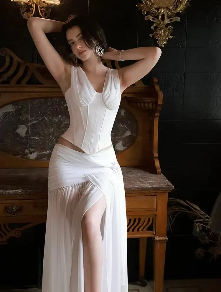 New Stylish Two-Piece Off-Shoulder Corset Ruched White Floor-Length Prom Dress