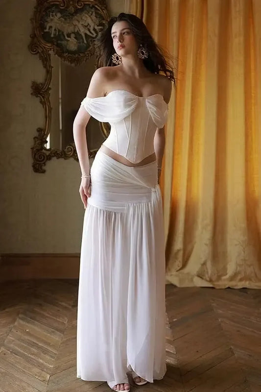 New Stylish Two-Piece Off-Shoulder Corset Ruched White Floor-Length Prom Dress