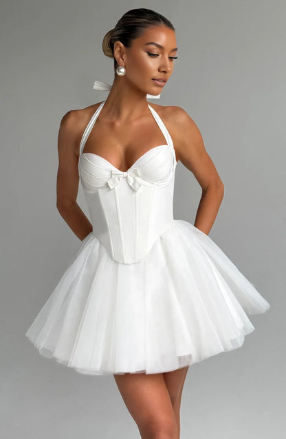 New A-Line Halter Corset Ruffled Tulle Ivory Mini Homecoming Dress Hot Sale