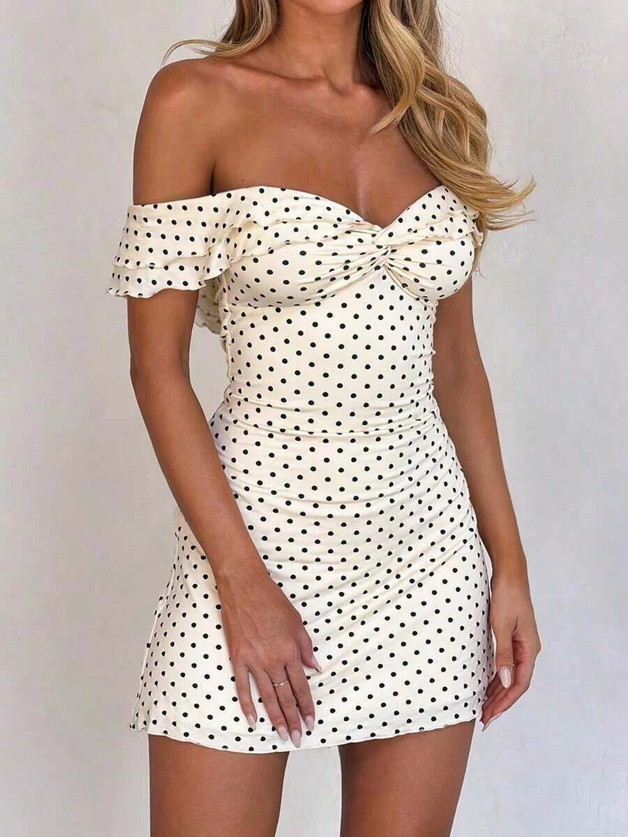 New A-Line Off-Shoulder Ruched Polka Dot Cream Mini Homecoming Dress Hot Sale