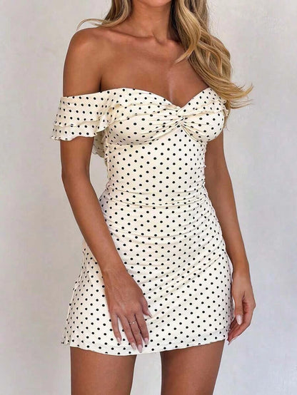 New A-Line Off-Shoulder Ruched Polka Dot Cream Mini Homecoming Dress Hot Sale