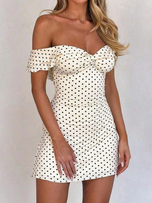 New A-Line Off-Shoulder Ruched Polka Dot Cream Mini Homecoming Dress Hot Sale