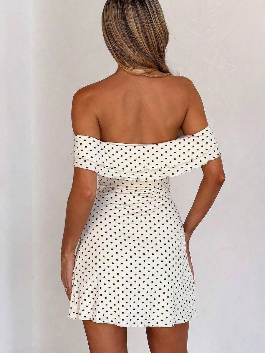 New A-Line Off-Shoulder Ruched Polka Dot Cream Mini Homecoming Dress Hot Sale
